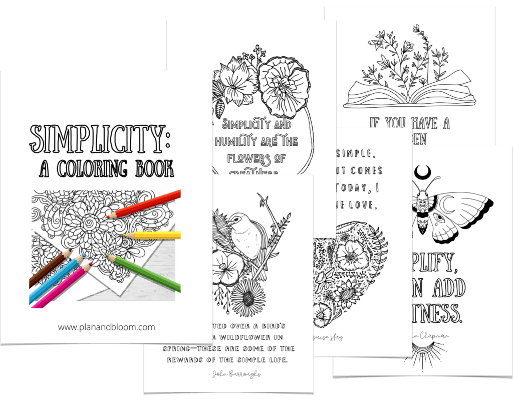 Spread showing pages of the free simplicity coloring book with phrases